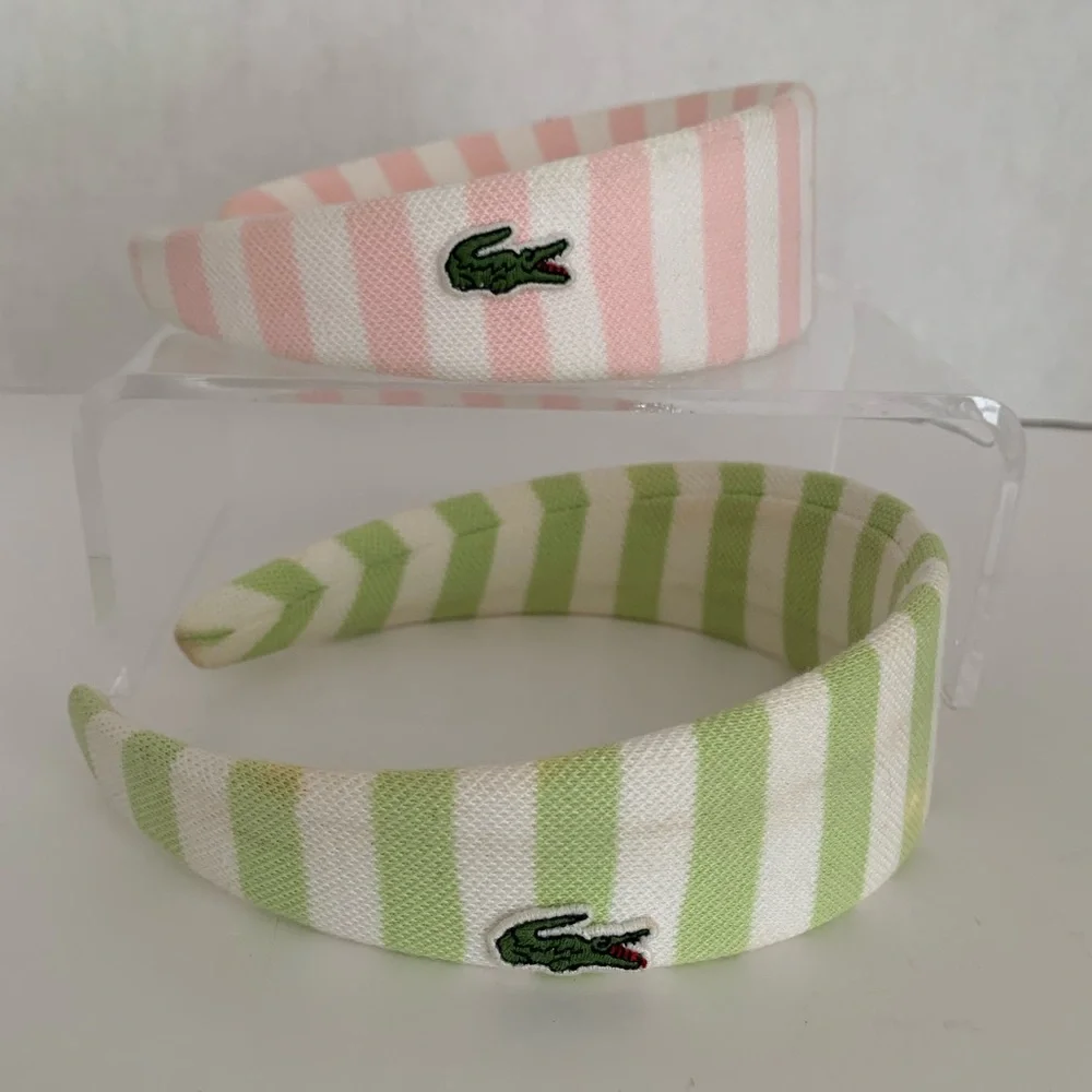 Lacoste Kids Striped Wide Headbands Lot  Pink Green White Embroidered Logo Girls